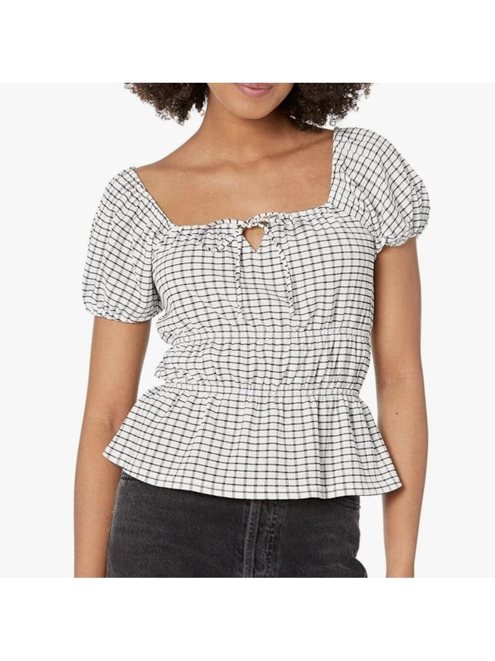 Madewell short sleeve White Black Gingham Peplum Blouse top Size Small EUC